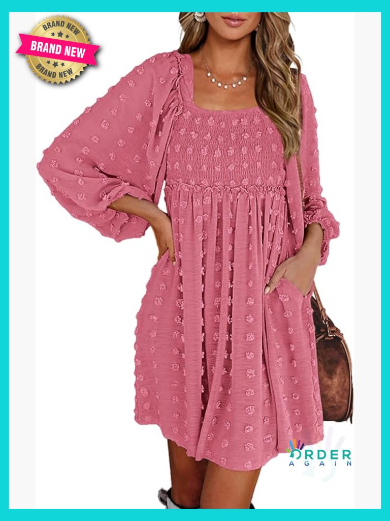 Long Sleeve Square Neck Smocked Floral Mini Boho Swing Dress Wedding Guest